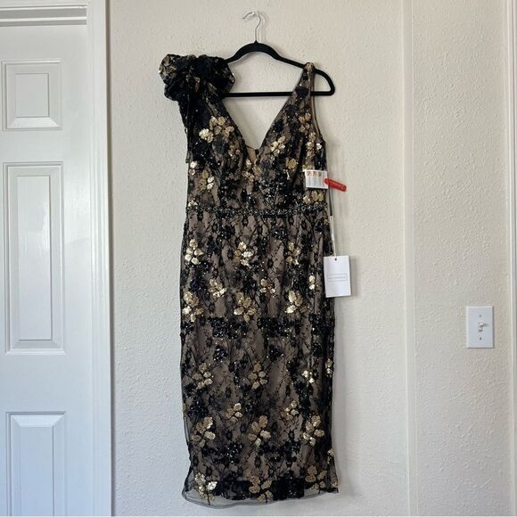 Mac Duggal Floral Embellished V-Neck Midi Dress With Shoulder Bow NEW Size 12 - Picture 6 of 12